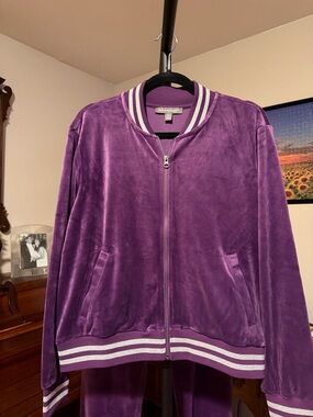 Set! Velour Bomber Jacket and Joggers in Purple with Silver Stripe Trim